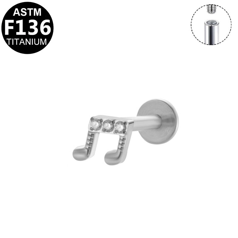 ASTM F136 Titanium 16G Internal Thread Labret Stud Triple CZ Music Note Helix Cartilage Hypoallergenic Piercing Jewelry