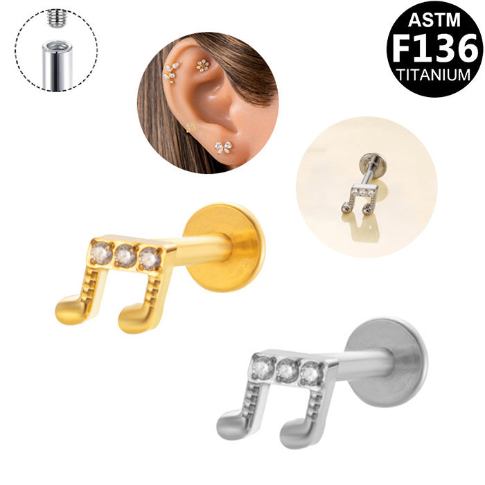 ASTM F136 Titanium 16G Internal Thread Labret Stud Triple CZ Music Note Helix Cartilage Hypoallergenic Piercing Jewelry