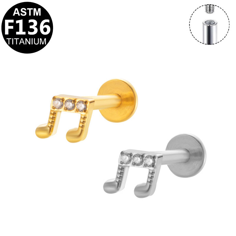 ASTM F136 Titanium 16G Internal Thread Labret Stud Triple CZ Music Note Helix Cartilage Hypoallergenic Piercing Jewelry