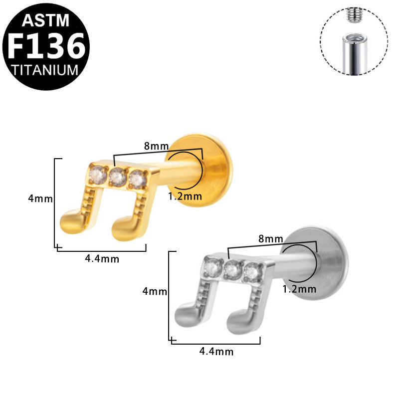 ASTM F136 Titanium 16G Internal Thread Labret Stud Triple CZ Music Note Helix Cartilage Hypoallergenic Piercing Jewelry
