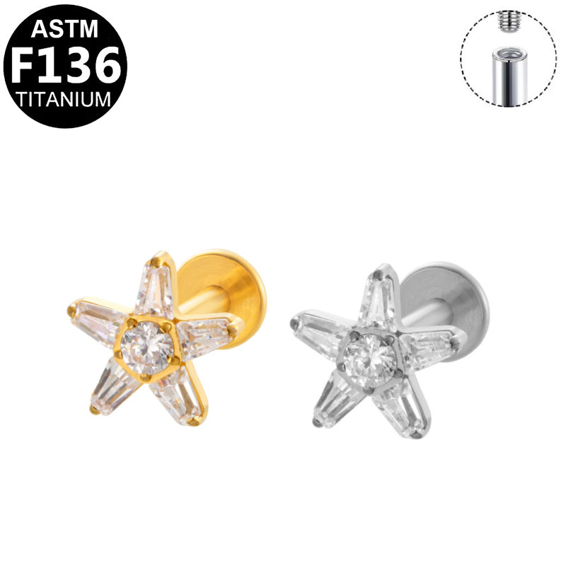 ASTM F136 Titanium 16G Internal Thread Labret Stud Baguette Round CZ Five Point Star Helix Cartilage Hypoallergenic Piercing Jewelry