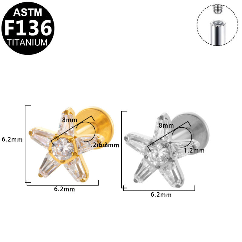 ASTM F136 Titanium 16G Internal Thread Labret Stud Baguette Round CZ Five Point Star Helix Cartilage Hypoallergenic Piercing Jewelry