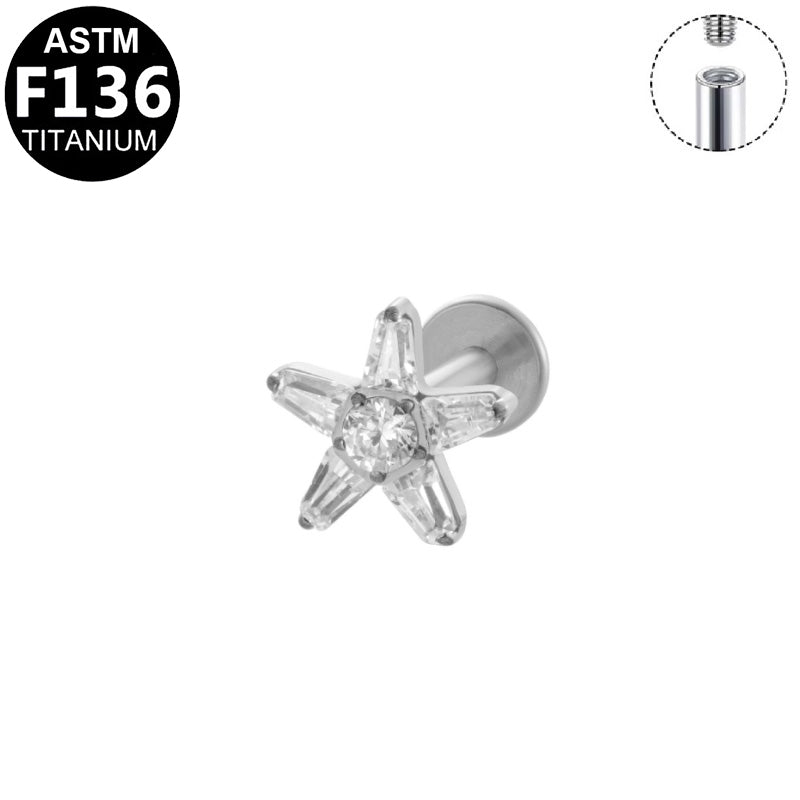 ASTM F136 Titanium 16G Internal Thread Labret Stud Baguette Round CZ Five Point Star Helix Cartilage Hypoallergenic Piercing Jewelry