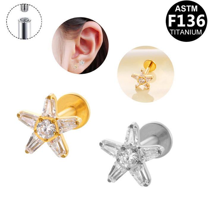 ASTM F136 Titanium 16G Internal Thread Labret Stud Baguette Round CZ Five Point Star Helix Cartilage Hypoallergenic Piercing Jewelry