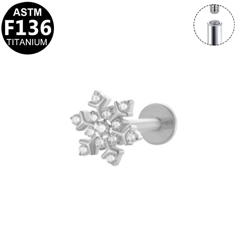 ASTM F136 Titanium 16G Internal Thread Labret Stud Paved CZ Snowflake Helix Cartilage Hypoallergenic Piercing Jewelry