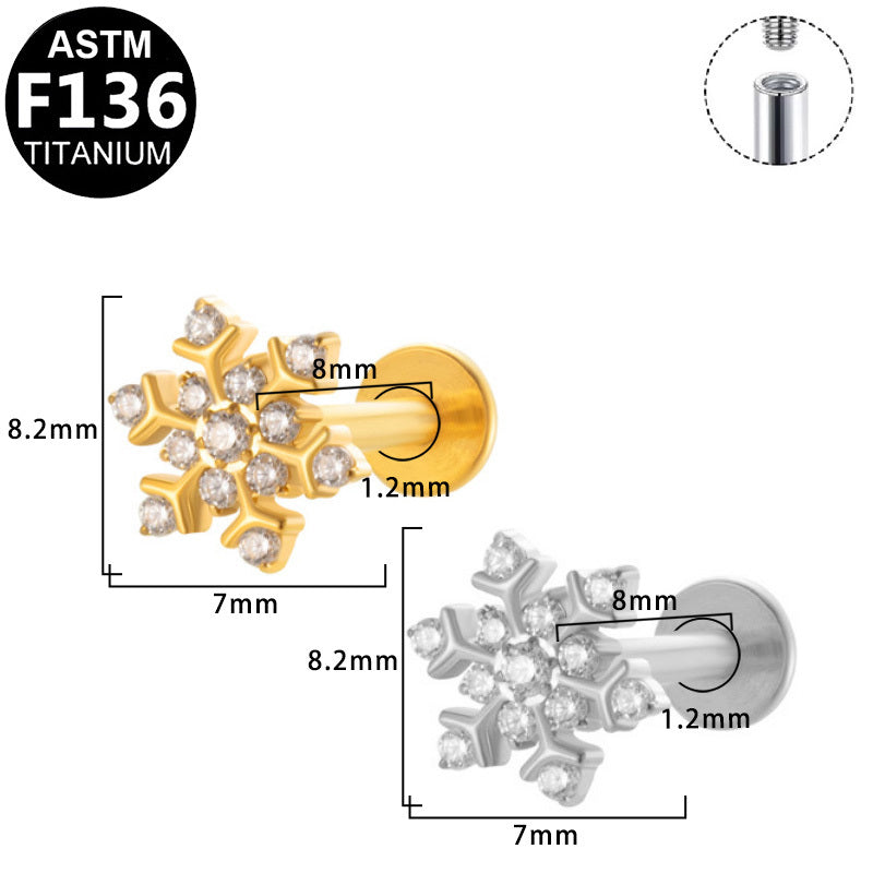 ASTM F136 Titanium 16G Internal Thread Labret Stud Paved CZ Snowflake Helix Cartilage Hypoallergenic Piercing Jewelry