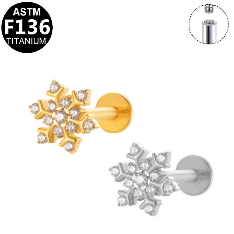 ASTM F136 Titanium 16G Internal Thread Labret Stud Paved CZ Snowflake Helix Cartilage Hypoallergenic Piercing Jewelry