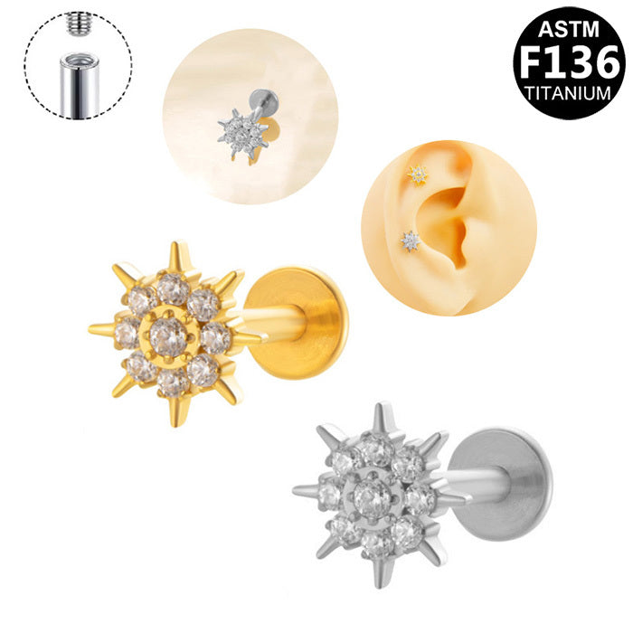 ASTM F136 Titanium 16G Internal Thread Labret Stud Multi Paved CZ Radiant Mini Sun Helix Cartilage Hypoallergenic Piercing Jewelry