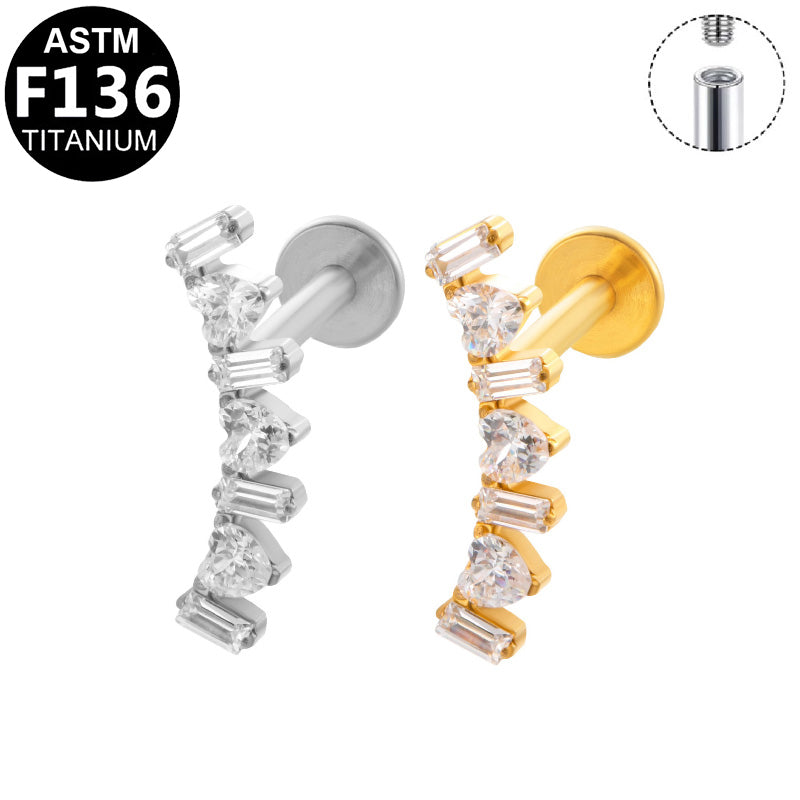 ASTM F136 Titanium 16G Internal Thread Labret Stud Baguette & Heart CZ Vertical Curved Helix Cartilage Hypoallergenic Piercing Jewelry