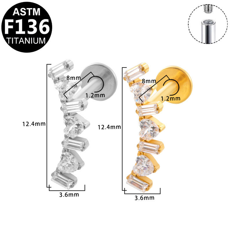ASTM F136 Titanium 16G Internal Thread Labret Stud Baguette & Heart CZ Vertical Curved Helix Cartilage Hypoallergenic Piercing Jewelry