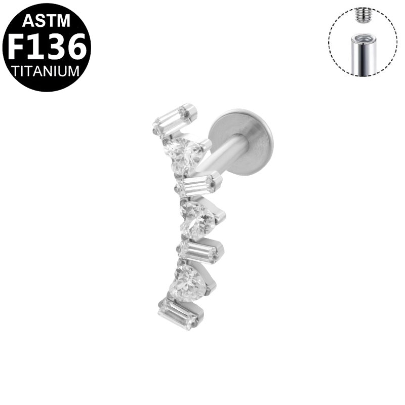ASTM F136 Titanium 16G Internal Thread Labret Stud Baguette & Heart CZ Vertical Curved Helix Cartilage Hypoallergenic Piercing Jewelry