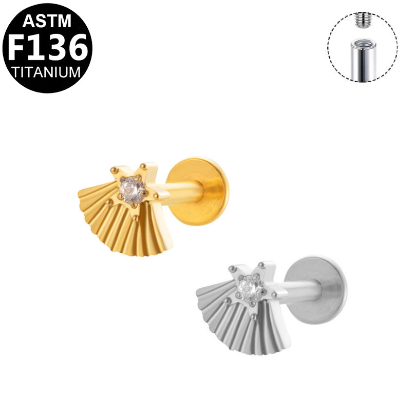 ASTM F136 Titanium 16G Internal Thread Labret Stud Center CZ Pleated Fan Helix Cartilage Hypoallergenic Piercing Jewelry
