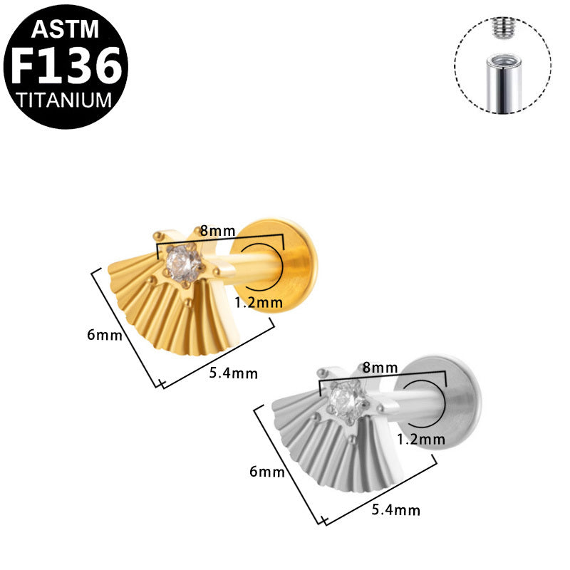 ASTM F136 Titanium 16G Internal Thread Labret Stud Center CZ Pleated Fan Helix Cartilage Hypoallergenic Piercing Jewelry