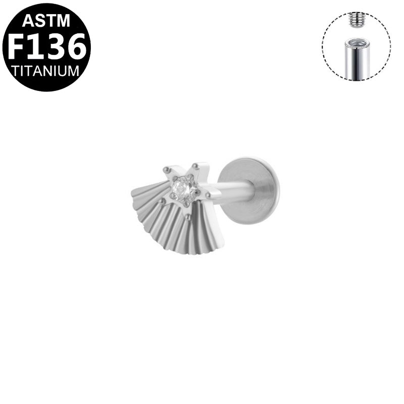 ASTM F136 Titanium 16G Internal Thread Labret Stud Center CZ Pleated Fan Helix Cartilage Hypoallergenic Piercing Jewelry