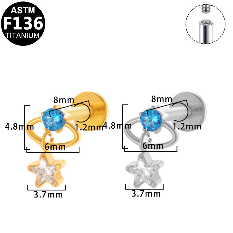 ASTM F136 Titanium 16G Internal Thread Labret Stud Blue CZ Saturn Dangle Star Helix Cartilage Hypoallergenic Piercing Jewelry