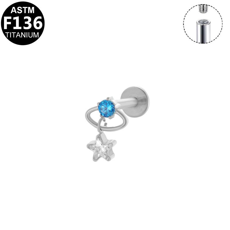ASTM F136 Titanium 16G Internal Thread Labret Stud Blue CZ Saturn Dangle Star Helix Cartilage Hypoallergenic Piercing Jewelry