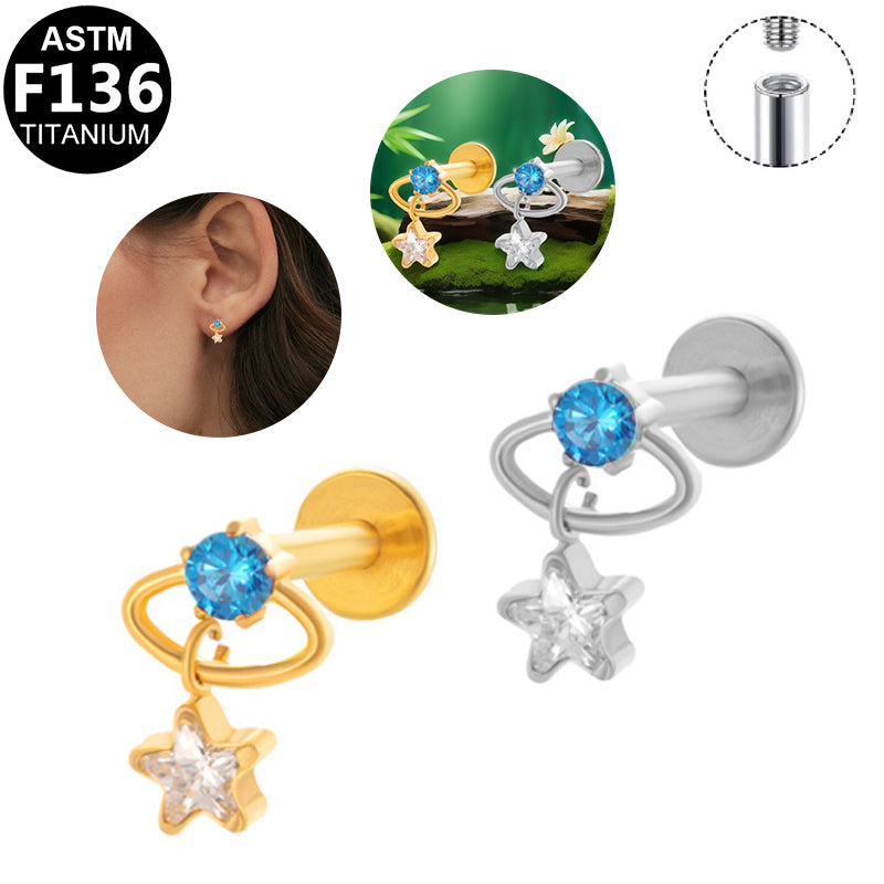 ASTM F136 Titanium 16G Internal Thread Labret Stud Blue CZ Saturn Dangle Star Helix Cartilage Hypoallergenic Piercing Jewelry