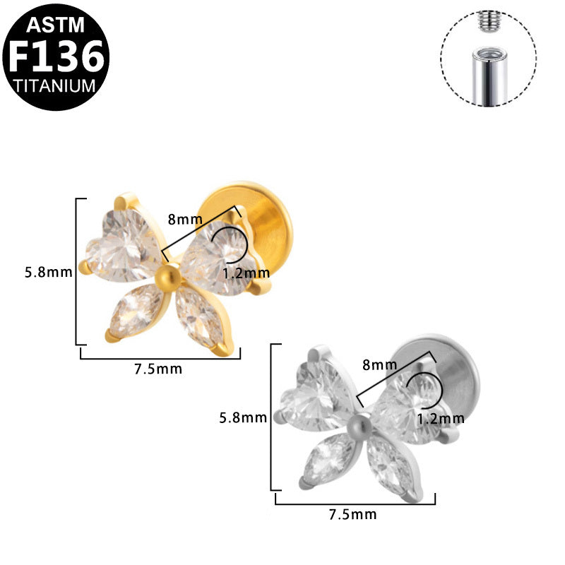 ASTM F136 Titanium 16G Internal Thread Labret Stud Four Heart CZ Butterfly Helix Cartilage Hypoallergenic Piercing Jewelry