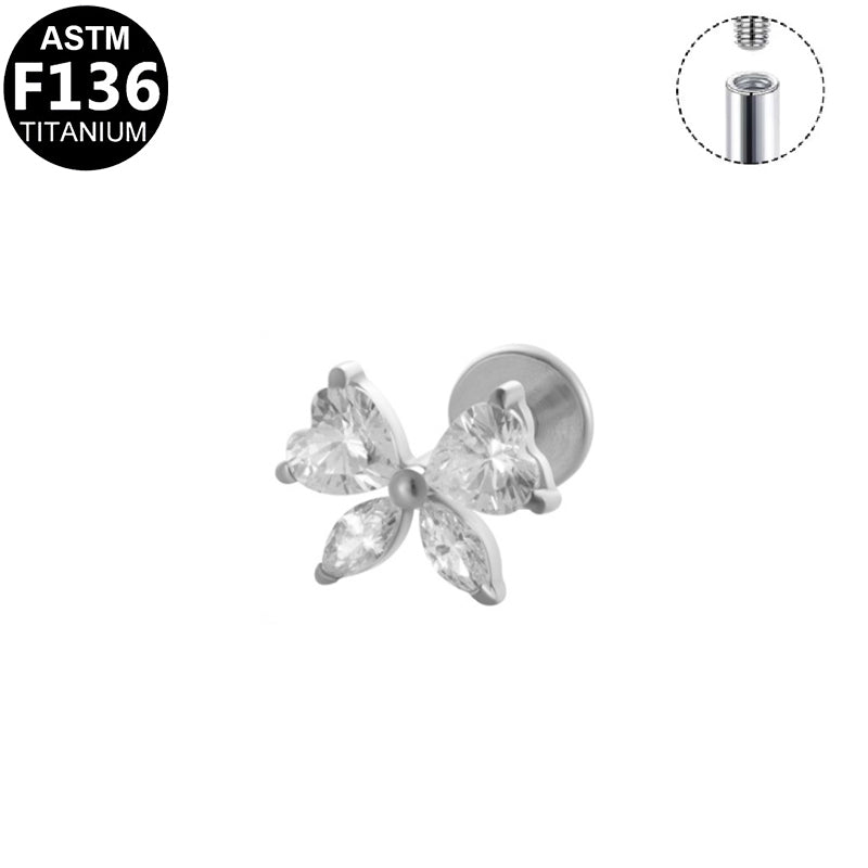 ASTM F136 Titanium 16G Internal Thread Labret Stud Four Heart CZ Butterfly Helix Cartilage Hypoallergenic Piercing Jewelry