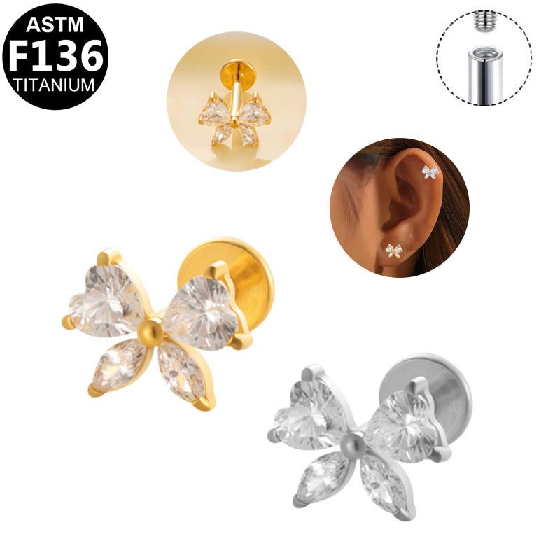 ASTM F136 Titanium 16G Internal Thread Labret Stud Four Heart CZ Butterfly Helix Cartilage Hypoallergenic Piercing Jewelry
