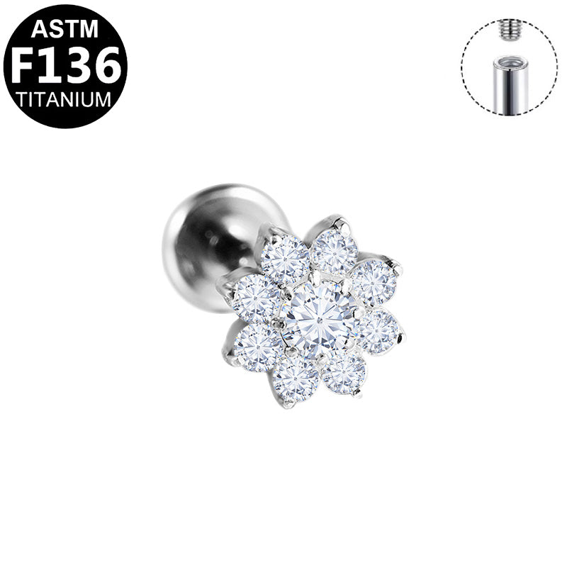 ASTM F136 Titanium 16G Internal Thread Labret Stud Multi Paved CZ 8-Petal Flower Helix Cartilage Hypoallergenic Piercing Jewelry