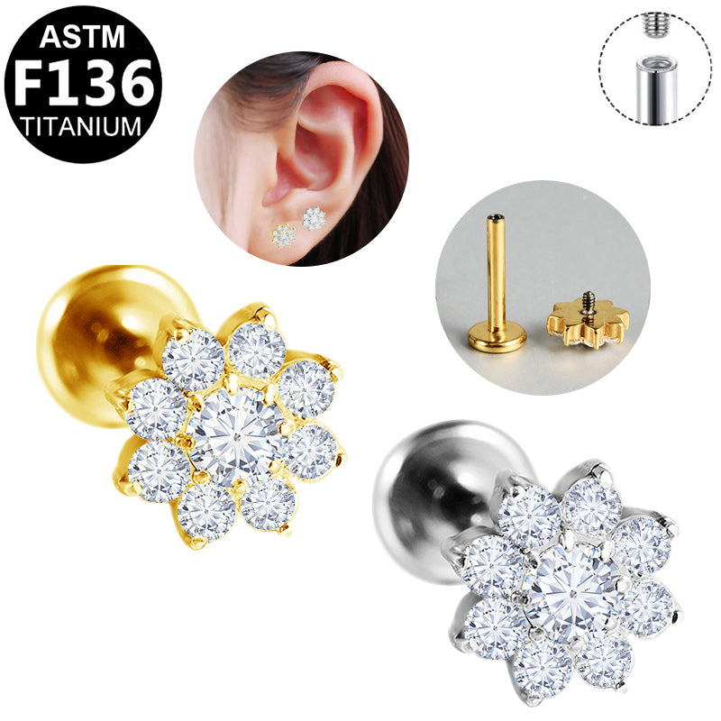 ASTM F136 Titanium 16G Internal Thread Labret Stud Multi Paved CZ 8-Petal Flower Helix Cartilage Hypoallergenic Piercing Jewelry