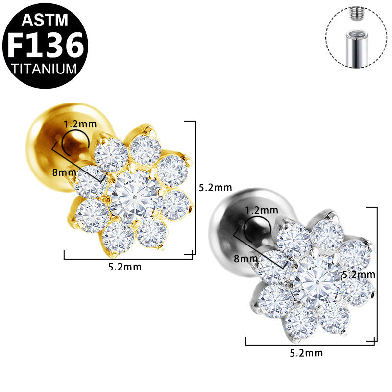 ASTM F136 Titanium 16G Internal Thread Labret Stud Multi Paved CZ 8-Petal Flower Helix Cartilage Hypoallergenic Piercing Jewelry