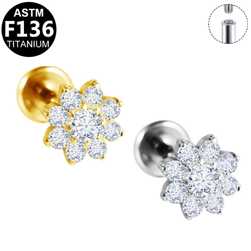 ASTM F136 Titanium 16G Internal Thread Labret Stud Multi Paved CZ 8-Petal Flower Helix Cartilage Hypoallergenic Piercing Jewelry