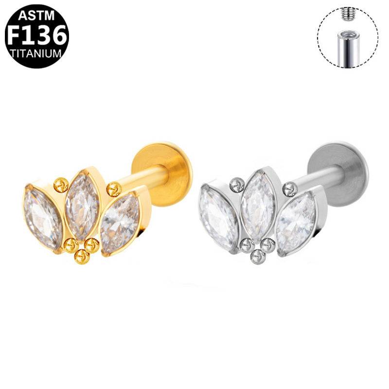 ASTM F136 Titanium 16G Internal Thread Labret Stud Triple Marquise CZ Leaf Floral Helix Cartilage Hypoallergenic Piercing Jewelry