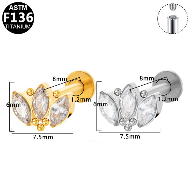 ASTM F136 Titanium 16G Internal Thread Labret Stud Triple Marquise CZ Leaf Floral Helix Cartilage Hypoallergenic Piercing Jewelry