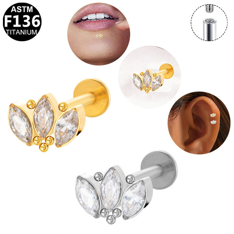 ASTM F136 Titanium 16G Internal Thread Labret Stud Triple Marquise CZ Leaf Floral Helix Cartilage Hypoallergenic Piercing Jewelry