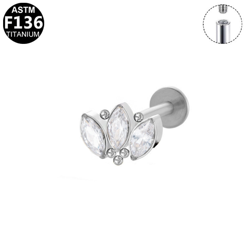 ASTM F136 Titanium 16G Internal Thread Labret Stud Triple Marquise CZ Leaf Floral Helix Cartilage Hypoallergenic Piercing Jewelry