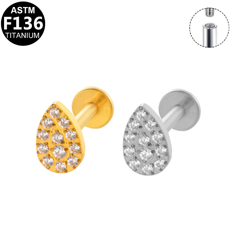 ASTM F136 Titanium 16G Internal Thread Labret Stud Paved CZ Teardrop Helix Cartilage Hypoallergenic Piercing Jewelry