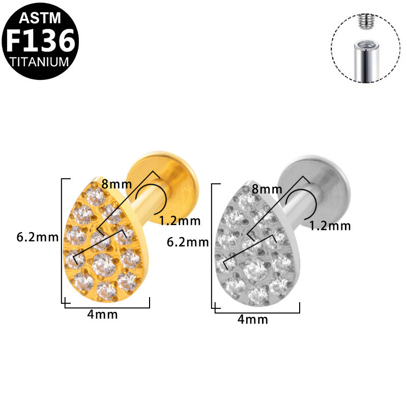 ASTM F136 Titanium 16G Internal Thread Labret Stud Paved CZ Teardrop Helix Cartilage Hypoallergenic Piercing Jewelry