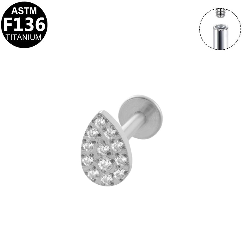 ASTM F136 Titanium 16G Internal Thread Labret Stud Paved CZ Teardrop Helix Cartilage Hypoallergenic Piercing Jewelry