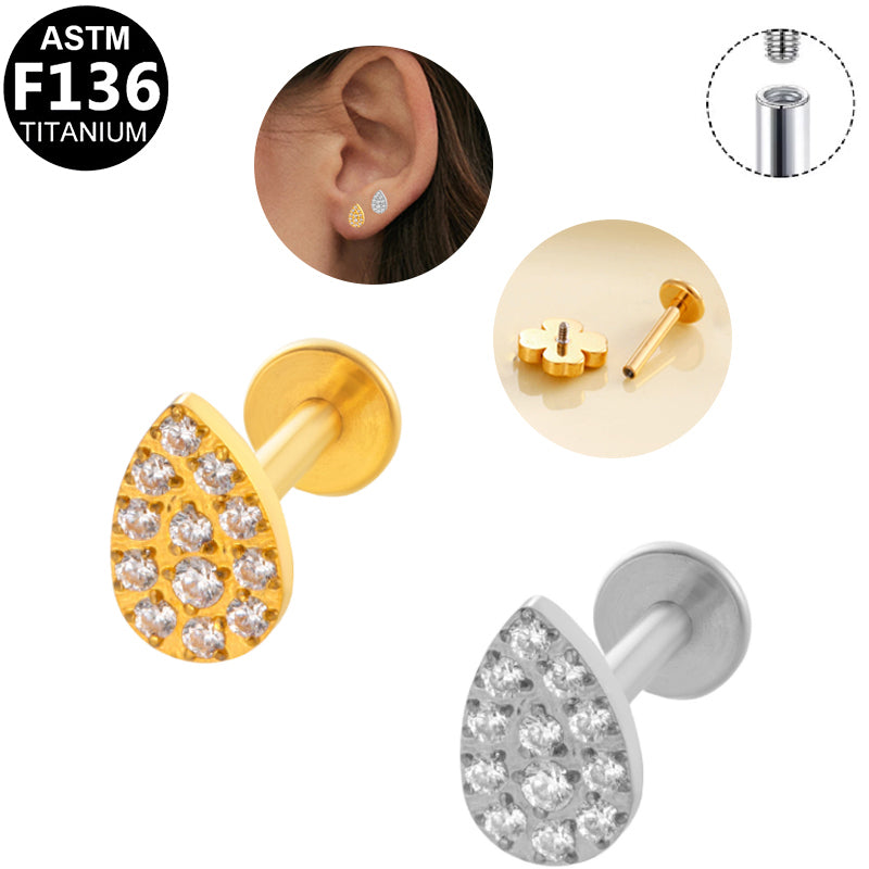 ASTM F136 Titanium 16G Internal Thread Labret Stud Paved CZ Teardrop Helix Cartilage Hypoallergenic Piercing Jewelry