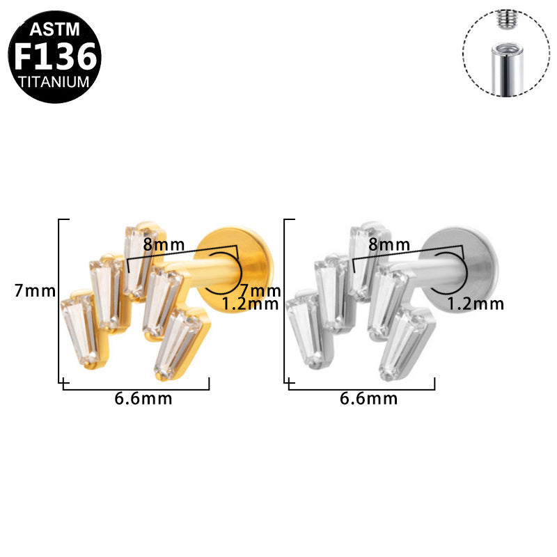 ASTM F136 Titanium 16G Internal Thread Labret Stud Five Baguette CZ V Shape Curved Helix Cartilage Hypoallergenic Piercing Jewelry