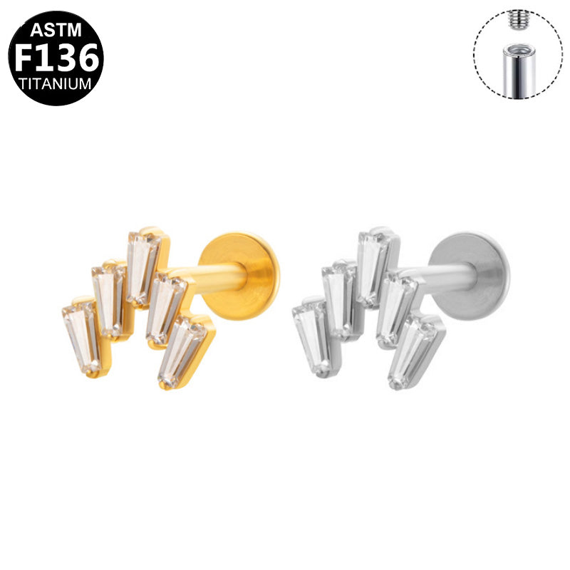 ASTM F136 Titanium 16G Internal Thread Labret Stud Five Baguette CZ V Shape Curved Helix Cartilage Hypoallergenic Piercing Jewelry