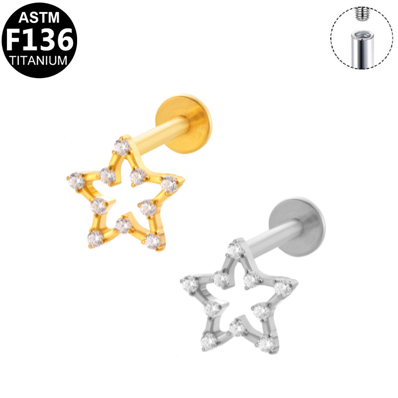 ASTM F136 Titanium 16G Internal Thread Labret Stud Hollow Paved CZ Five Point Star Helix Cartilage Hypoallergenic Piercing Jewelry