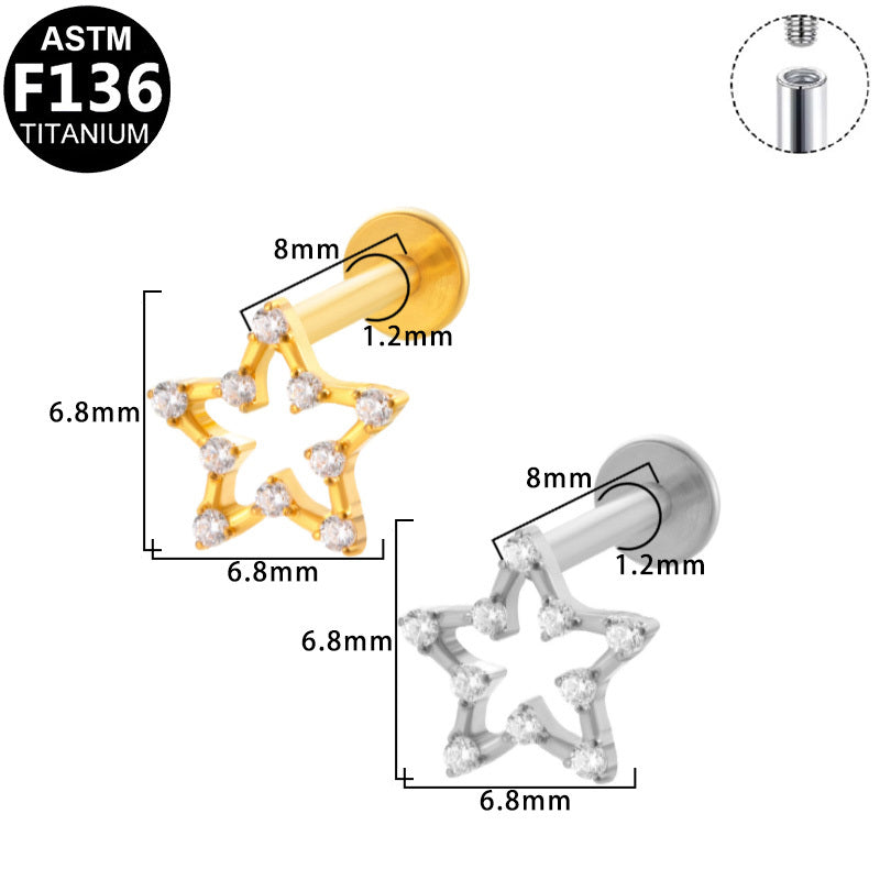 ASTM F136 Titanium 16G Internal Thread Labret Stud Hollow Paved CZ Five Point Star Helix Cartilage Hypoallergenic Piercing Jewelry