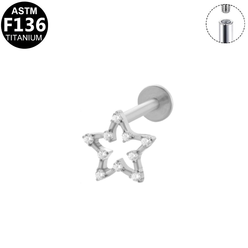 ASTM F136 Titanium 16G Internal Thread Labret Stud Hollow Paved CZ Five Point Star Helix Cartilage Hypoallergenic Piercing Jewelry