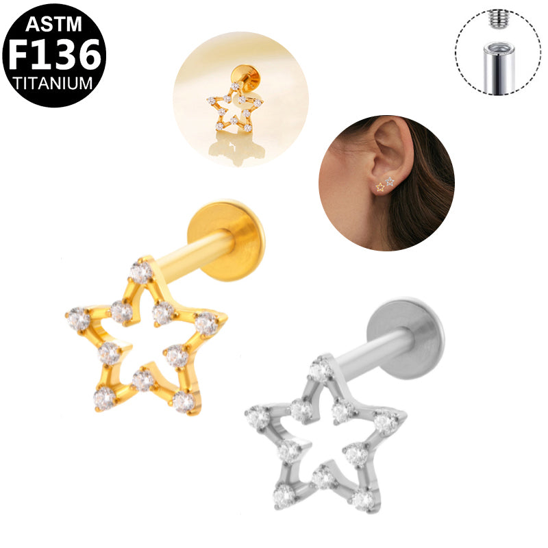 ASTM F136 Titanium 16G Internal Thread Labret Stud Hollow Paved CZ Five Point Star Helix Cartilage Hypoallergenic Piercing Jewelry