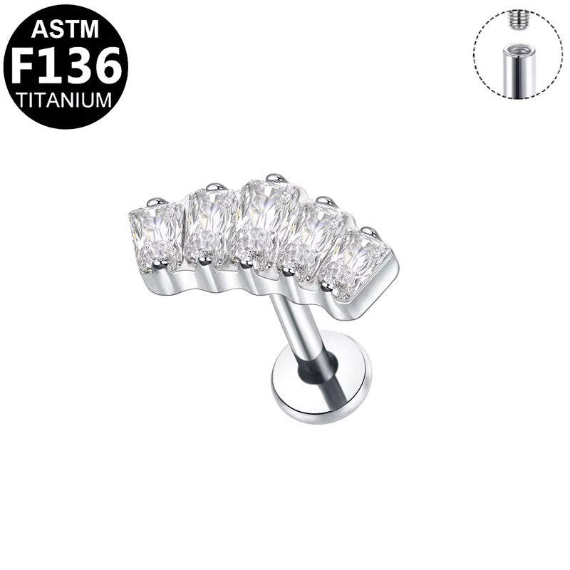 ASTM F136 Titanium 16G Internal Thread Labret Stud Five Baguette CZ Curved Row Helix Cartilage Hypoallergenic Piercing Jewelry