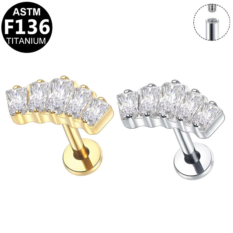 ASTM F136 Titanium 16G Internal Thread Labret Stud Five Baguette CZ Curved Row Helix Cartilage Hypoallergenic Piercing Jewelry