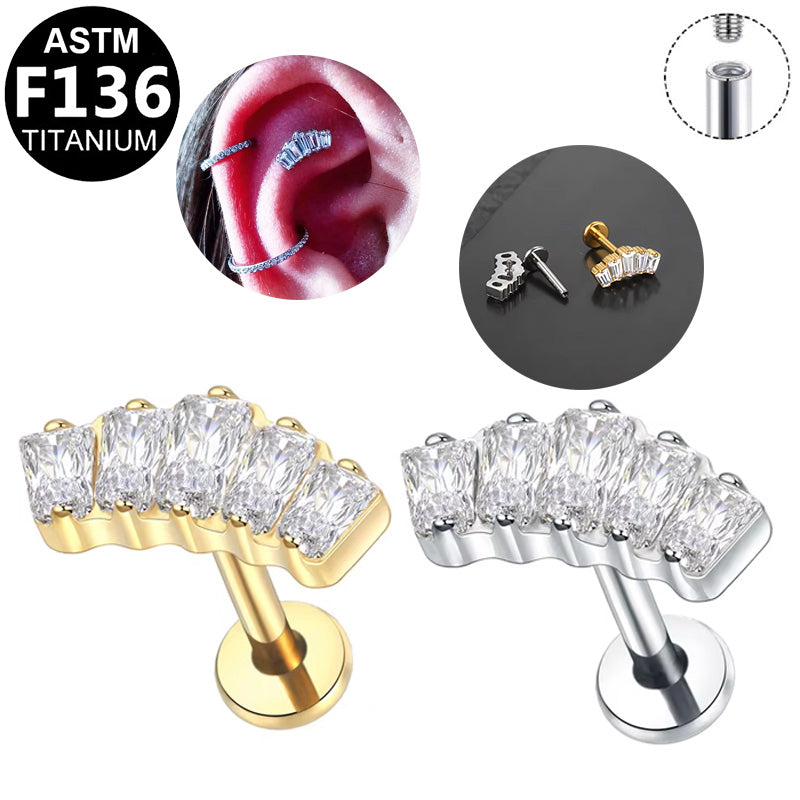 ASTM F136 Titanium 16G Internal Thread Labret Stud Five Baguette CZ Curved Row Helix Cartilage Hypoallergenic Piercing Jewelry