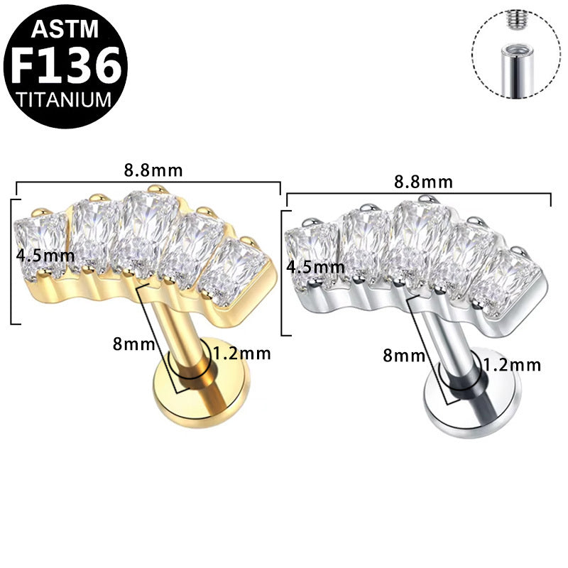 ASTM F136 Titanium 16G Internal Thread Labret Stud Five Baguette CZ Curved Row Helix Cartilage Hypoallergenic Piercing Jewelry