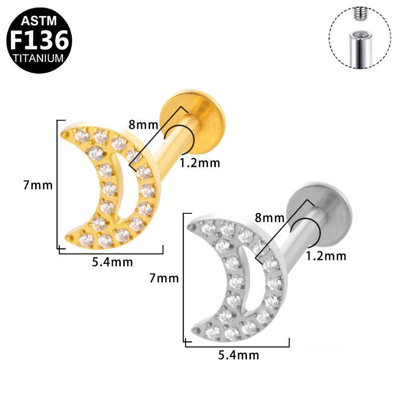 ASTM F136 Titanium 16G Internal Thread Labret Stud Paved CZ Crescent Moon Helix Cartilage Hypoallergenic Piercing Jewelry