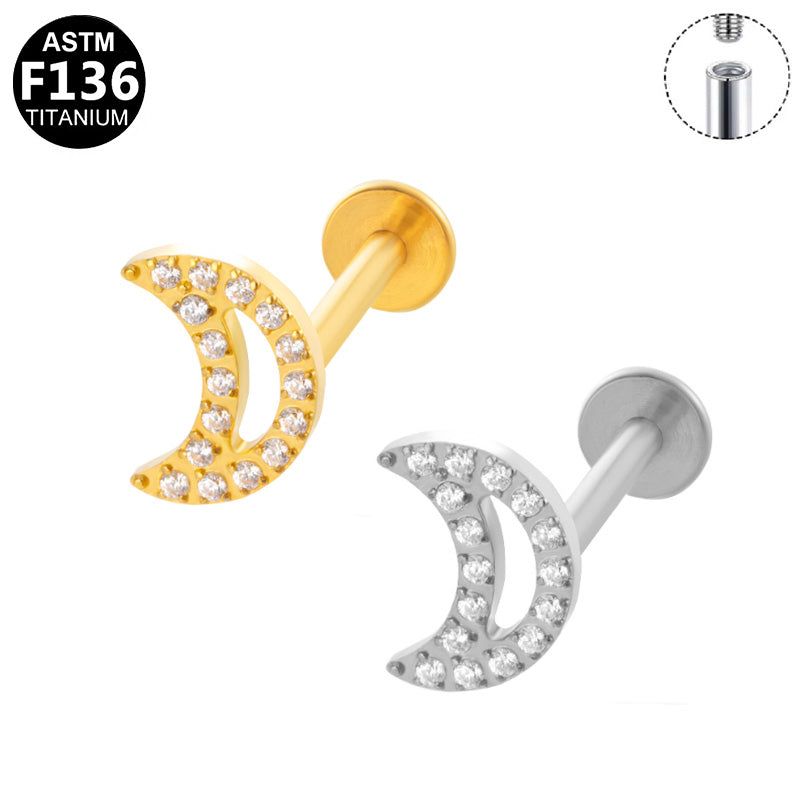 ASTM F136 Titanium 16G Internal Thread Labret Stud Paved CZ Crescent Moon Helix Cartilage Hypoallergenic Piercing Jewelry
