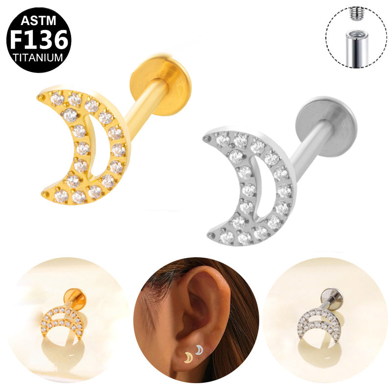 ASTM F136 Titanium 16G Internal Thread Labret Stud Paved CZ Crescent Moon Helix Cartilage Hypoallergenic Piercing Jewelry