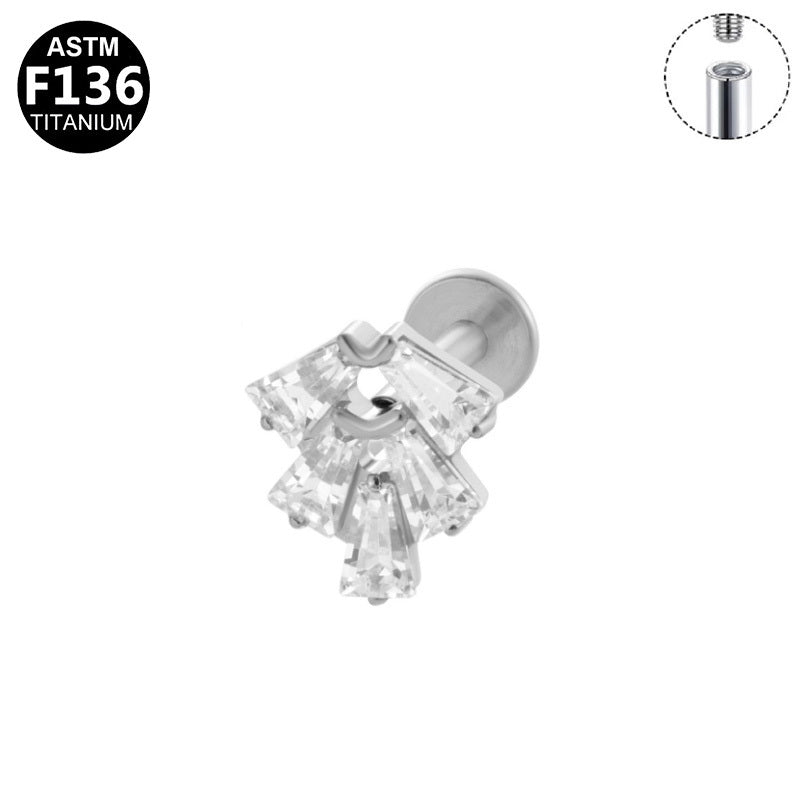 ASTM F136 Titanium 16G Internal Thread Labret Stud Multi Baguette CZ Fan Radiant Helix Cartilage Hypoallergenic Piercing Jewelry